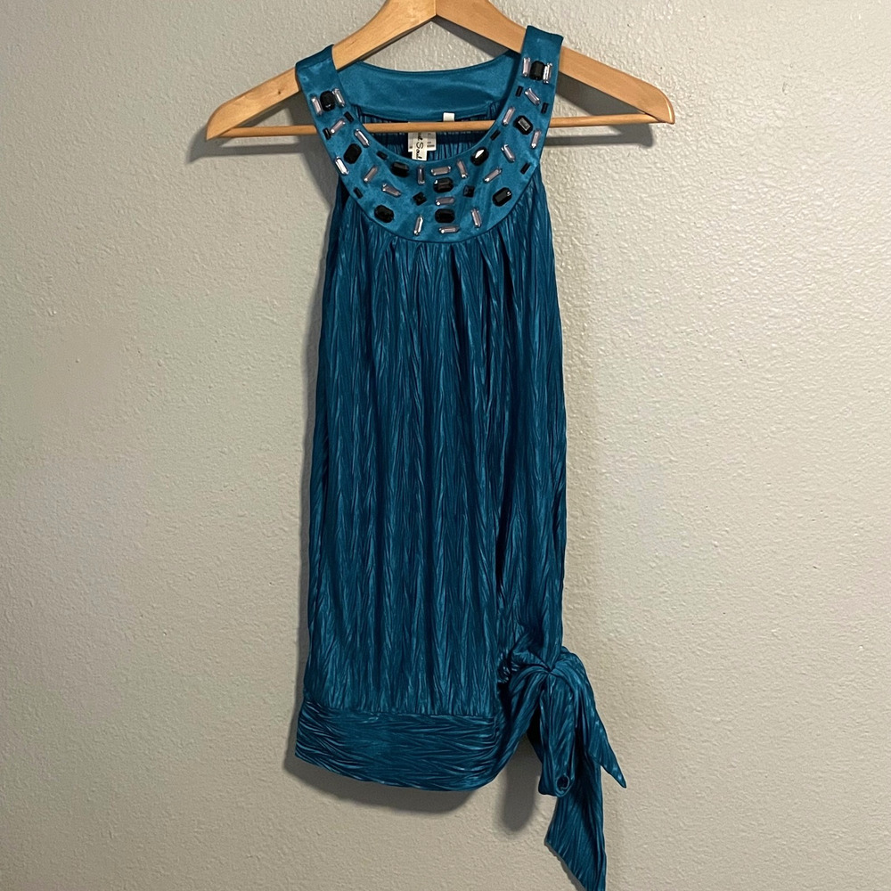 Heart Soul Top Womens Medium Blue Satin Pleated Embellished Rave Clubwear Y2K